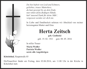 Traueranzeige von Herta Zeitsch von Thüringer Allgemeine, Thüringische Landeszeitung
