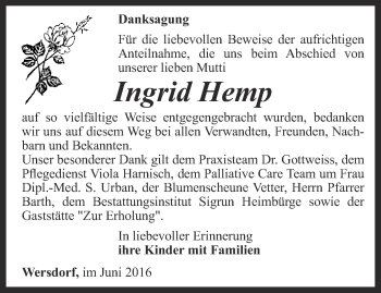 Traueranzeige von Ingrid Hemp von Thüringer Allgemeine, Thüringische Landeszeitung