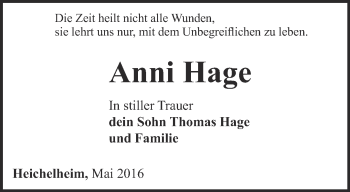 Traueranzeige von Anni Hage von Thüringer Allgemeine, Thüringische Landeszeitung