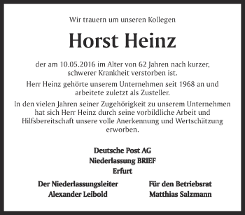 Traueranzeige von Horst Heinz von Thüringer Allgemeine, Thüringische Landeszeitung