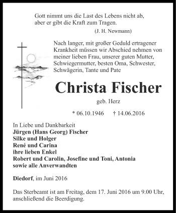 Traueranzeige von Christa Fischer von Thüringer Allgemeine, Thüringische Landeszeitung