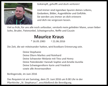 Traueranzeige von Maurice Kraus von Thüringer Allgemeine