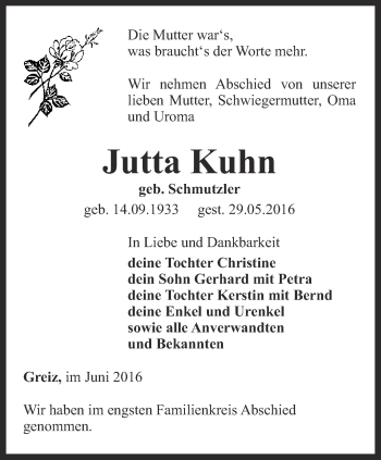 Traueranzeige von Jutta Kuhn von Ostthüringer Zeitung