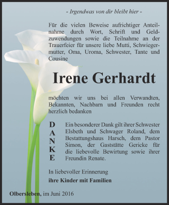 Traueranzeige von Irene Gerhardt von Thüringer Allgemeine