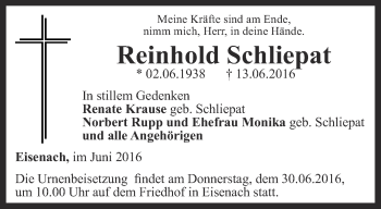 Traueranzeige von Reinhold Schliepat von Thüringer Allgemeine, Thüringische Landeszeitung