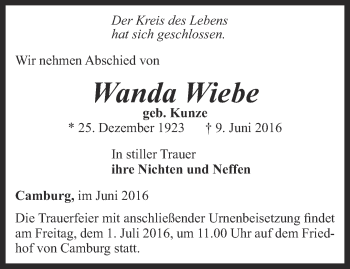 Traueranzeige von Wanda Wiebe von Ostthüringer Zeitung, Thüringische Landeszeitung