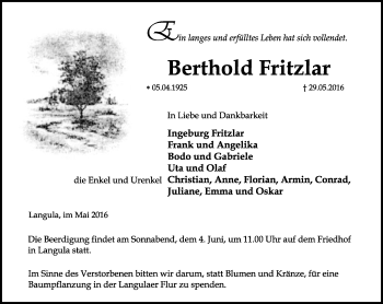 Traueranzeige von Berthold Fritzlar von Thüringer Allgemeine, Thüringische Landeszeitung