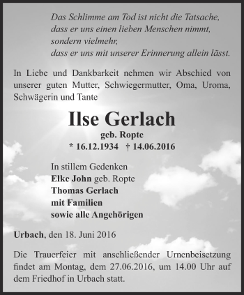 Traueranzeige von Ilse Gerlach von Thüringer Allgemeine