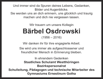 Traueranzeige von Bärbel Osdrowski von Ostthüringer Zeitung, Thüringische Landeszeitung