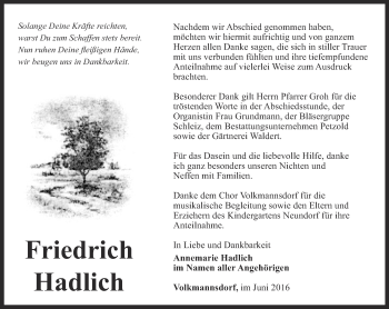 Traueranzeige von Friedrich Hadlich von Ostthüringer Zeitung