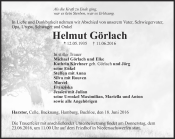 Traueranzeige von Helmut Görlach von Thüringer Allgemeine
