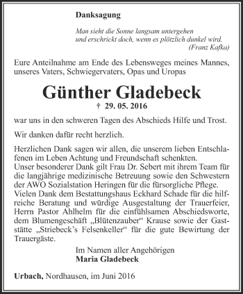 Traueranzeige von Günther Gladebeck von Thüringer Allgemeine