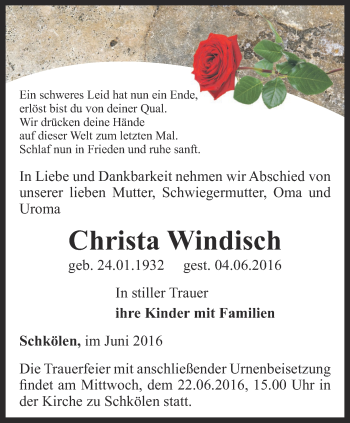 Traueranzeige von Christa Windfisch von Ostthüringer Zeitung