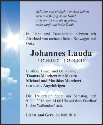 Traueranzeige von Johannes Lauda von Ostthüringer Zeitung