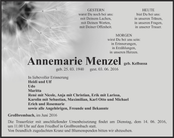 Traueranzeige von Annemarie Menzel von Thüringer Allgemeine