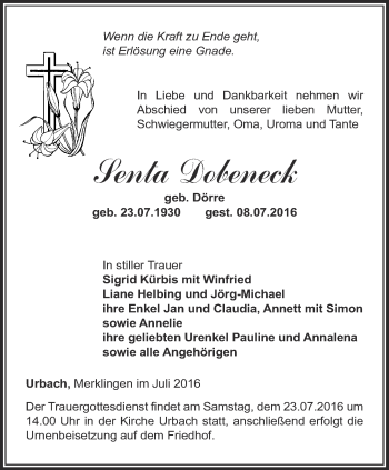 Traueranzeige von Senta Dobeneck von Thüringer Allgemeine, Thüringische Landeszeitung