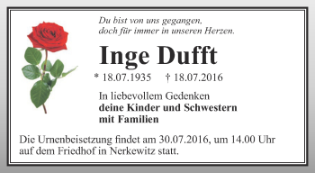 Traueranzeige von Inge Dufft von Ostthüringer Zeitung, Thüringische Landeszeitung