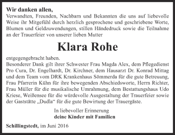 Traueranzeige von Klara Rohe von Thüringer Allgemeine