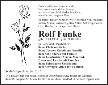 Traueranzeige von Rolf Funke  von Thüringer Allgemeine