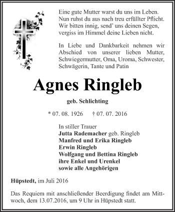 Traueranzeige von Agnes Ringleb von Thüringer Allgemeine, Thüringische Landeszeitung