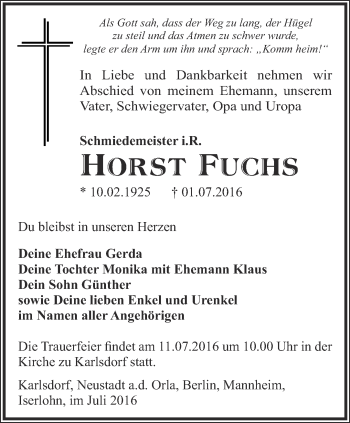 Traueranzeige von Horst Fuchs von Ostthüringer Zeitung