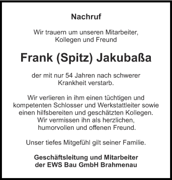 Traueranzeige von Frank Jakubaßa von Ostthüringer Zeitung