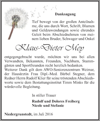 Traueranzeige von Klaus-Dieter Mey von Thüringer Allgemeine, Thüringische Landeszeitung