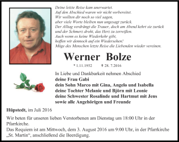 Traueranzeige von Werner Bolze von Thüringer Allgemeine, Thüringische Landeszeitung