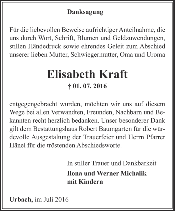Traueranzeige von Elisabeth Kraft von Thüringer Allgemeine