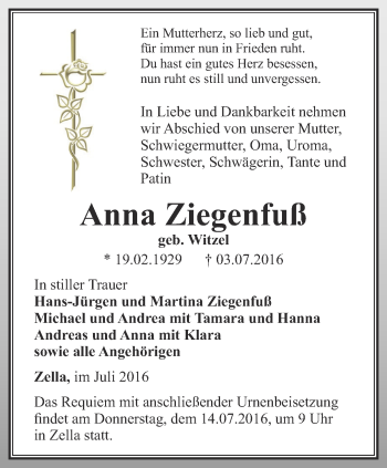 Traueranzeige von Anna Ziegenfuß von Thüringer Allgemeine