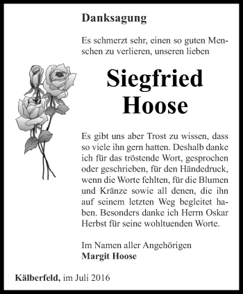 Traueranzeige von Siegfried Hoose von Thüringer Allgemeine, Thüringische Landeszeitung