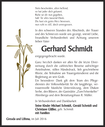 Traueranzeige von Gerhard Schmidt von Ostthüringer Zeitung, Thüringische Landeszeitung