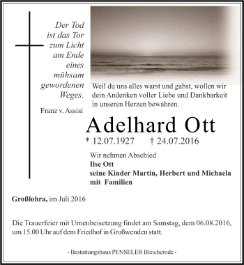 Traueranzeige von Adelhard Ott von Thüringer Allgemeine