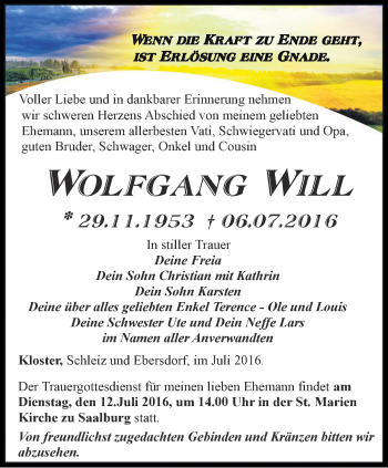 Traueranzeige von Wolfgang Will von Ostthüringer Zeitung