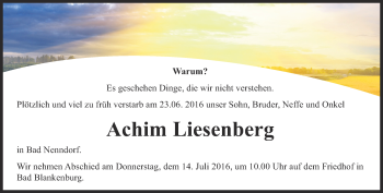 Traueranzeige von Achim Liesenberg von Ostthüringer Zeitung