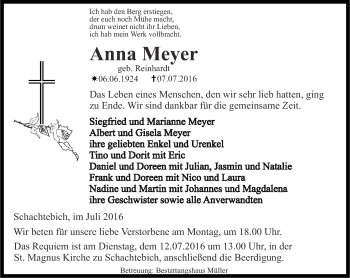 Traueranzeige von Anna Meyer von Thüringer Allgemeine