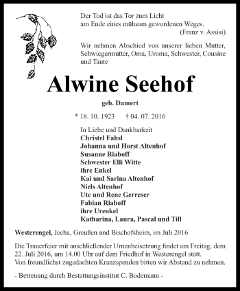 Traueranzeige von Alwine Seehof von Thüringer Allgemeine