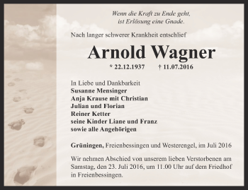 Traueranzeige von Arnold Wagner von Thüringer Allgemeine