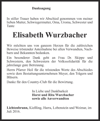 Traueranzeige von Elisabeth Wurzbacher von Ostthüringer Zeitung
