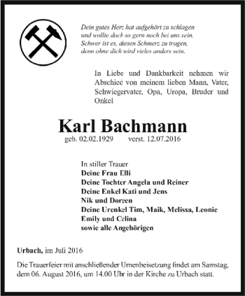 Traueranzeige von Karl Bachmann von Thüringer Allgemeine, Thüringische Landeszeitung