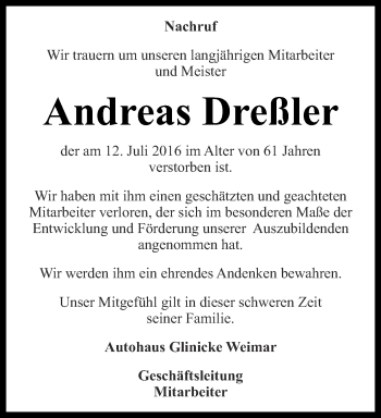 Traueranzeige von Andreas Dreßler von Thüringer Allgemeine, Thüringische Landeszeitung