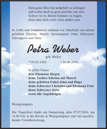 Traueranzeige von Petra Weber von Thüringer Allgemeine, Thüringische Landeszeitung