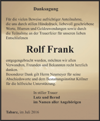 Traueranzeige von Rolf Frank von Ostthüringer Zeitung, Thüringische Landeszeitung