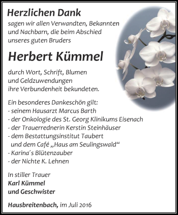 Traueranzeige von Herbert Kümmel von Thüringer Allgemeine, Thüringische Landeszeitung