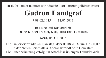 Traueranzeige von Gudrun Landgraf  von Ostthüringer Zeitung