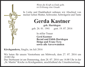 Traueranzeige von Gerda Kastner von Thüringer Allgemeine