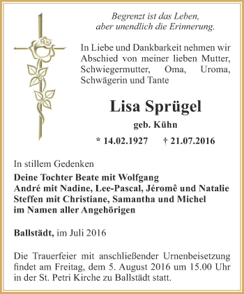 Traueranzeige von Lisa Sprügel von Ostthüringer Zeitung, Thüringische Landeszeitung