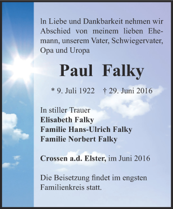 Traueranzeige von Paul Falky von Ostthüringer Zeitung