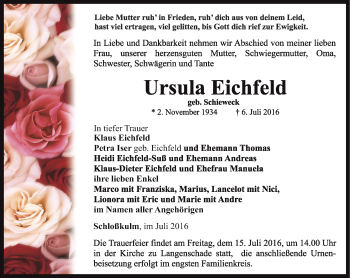 Traueranzeige von Ursula Eichfeld von Ostthüringer Zeitung