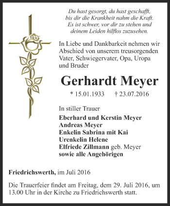 Traueranzeige von Gerhardt Meyer von Ostthüringer Zeitung, Thüringische Landeszeitung